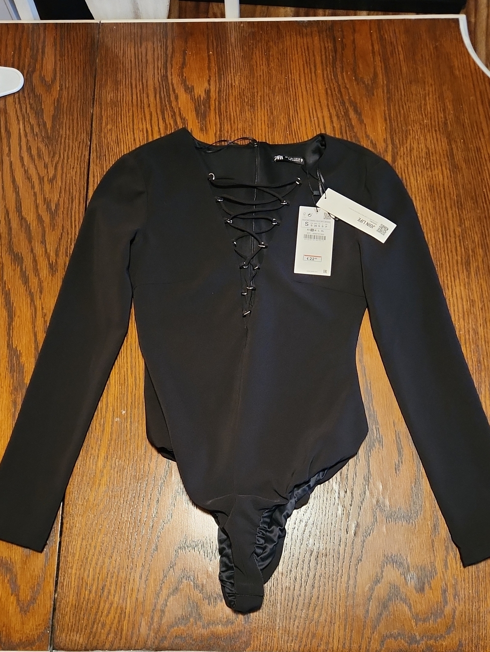 Zara Black Long Sleeve Bodysuit with Lace-Up Detail
